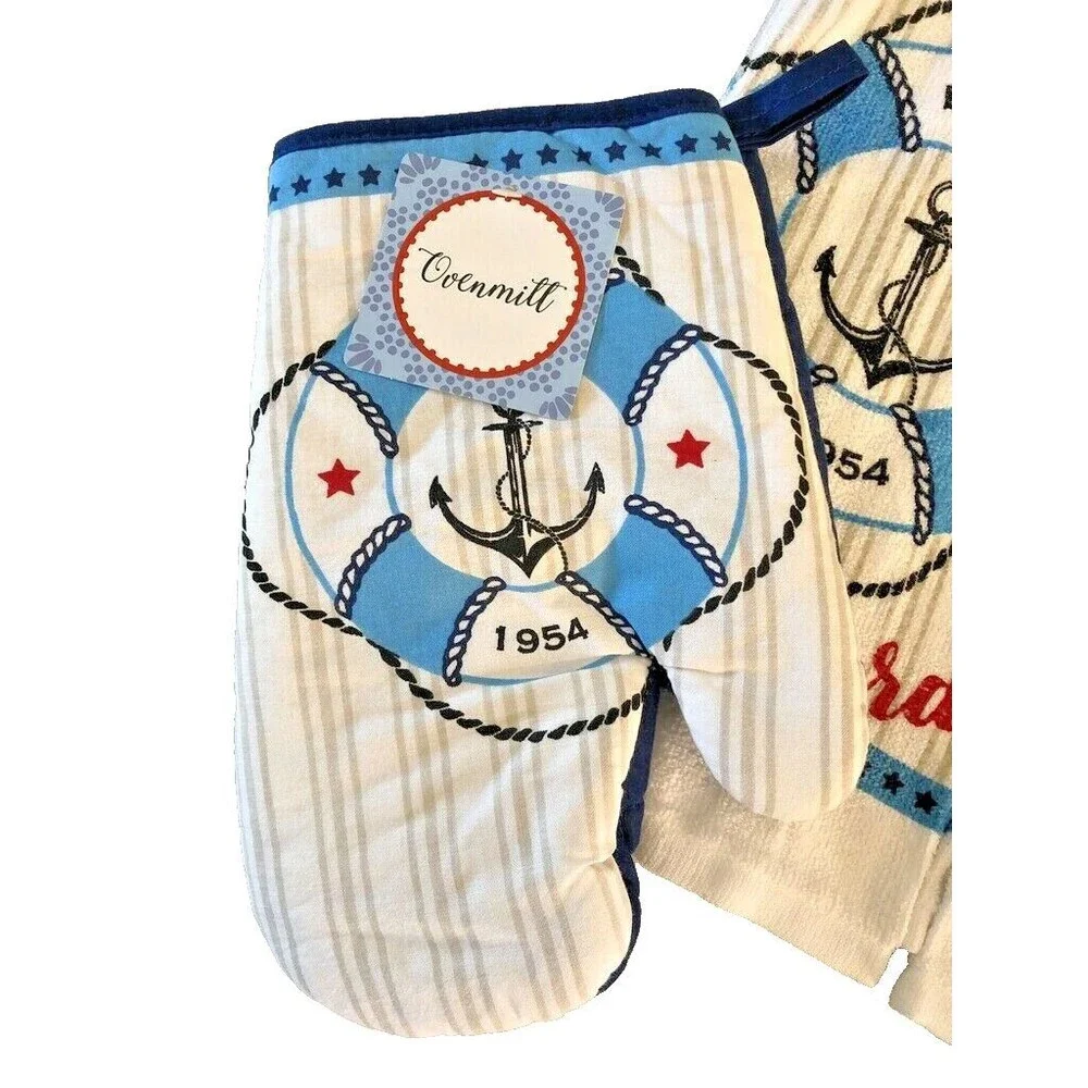 Anchor Dish Towels Oven Mitt Potholder Set of 4 Welcome on Board Beach Boat